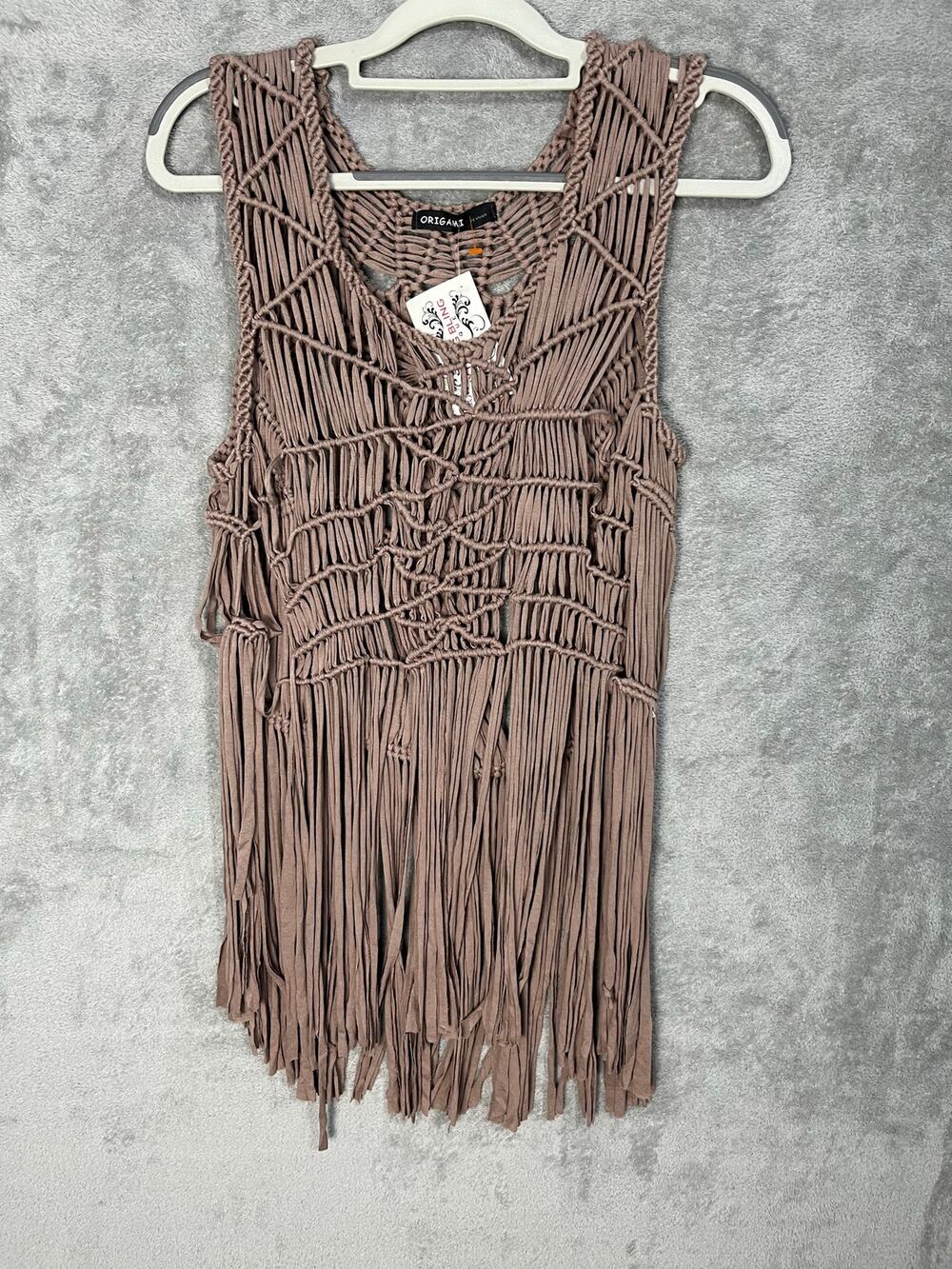 Origami Crochet Tank Top Sm/Med Brown Fringe Festival Western Boho NWT